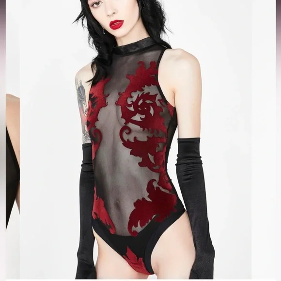 Velvet enchantress bodysuit red burn out rave festival one piece onesie lingerie - Picture 5 of 8